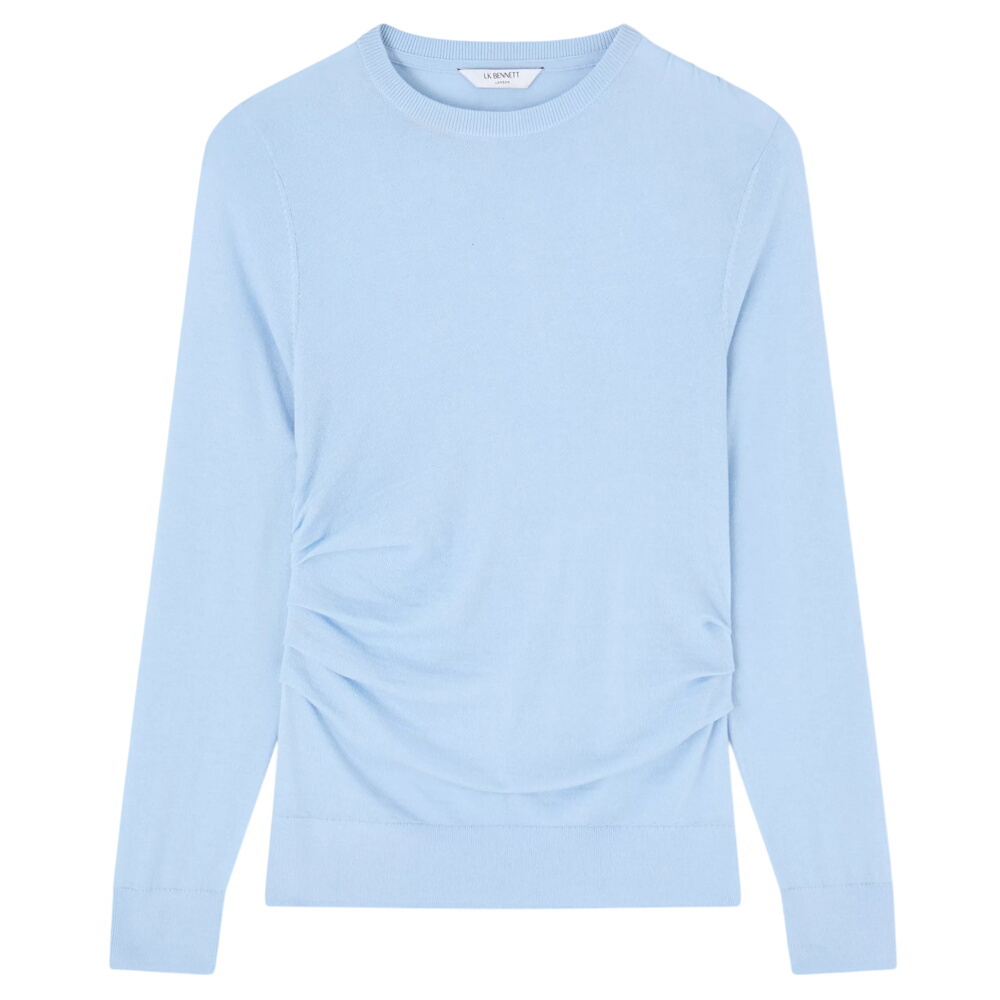 L.K. Bennett Dora Blue Plain Cotton Gathered Long Sleeve Top